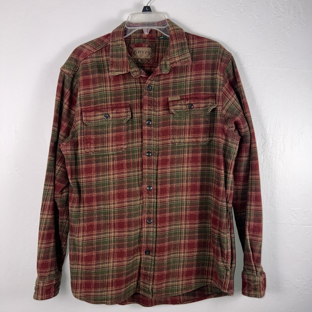 Orvis Mens Heavy Cotton Flannel Plaid Button-Up Shacket Jacket Size Medium